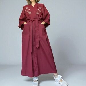 Vintage 80s Chinese Kimono Robe Dragon Embroidery Burgundy Maxi M